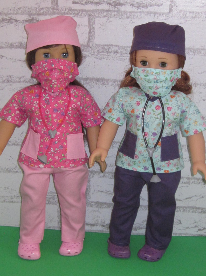 18 doll clothes fits dolls such as American girl nurse scrub set 6-piece scrub top pants face mask shoes stethoscope Made in USA image 1