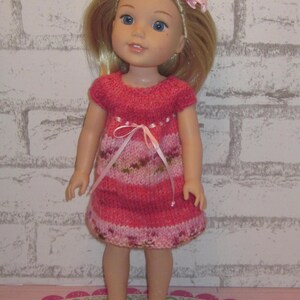 Wellie Wisher 14.5&quot; other like dolls hand knitted dress shades of pink and variegated colors hair bow   shoes sold separately Made USA