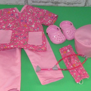 18 doll clothes fits dolls such as American girl nurse scrub set 6-piece scrub top pants face mask shoes stethoscope Made in USA image 8