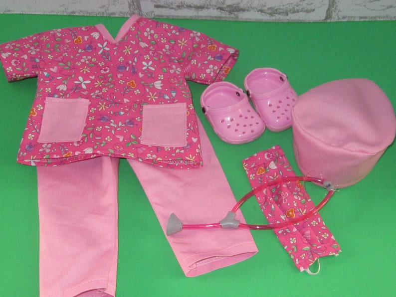 18 doll clothes fits dolls such as American girl nurse scrub set 6-piece scrub top pants face mask shoes stethoscope Made in USA image 8