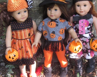 18" doll clothes fits dolls such as American girl, Halloween fall dress hat bow pumpkin for treats shoes separate orange black Made in USA