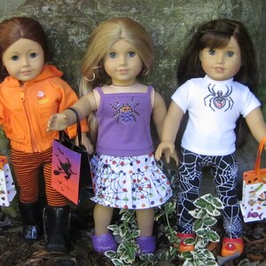 18&quot; doll clothes fits dolls such as American girl, Halloween leggings skirt shirt jacket bag shoes separate purple orange black Made in USA