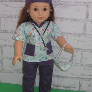 18 doll clothes fits dolls such as American girl nurse scrub set 6-piece scrub top pants face mask shoes stethoscope Made in USA image 5