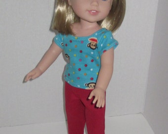 14.5 inch Doll Clothes monkey t-shirt red capris fits dolls such as Wellie Wishers H4H Betsy McCall American Made USA