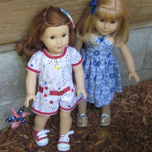 18&quot; Doll clothes fits dolls such as American Girl and other similar 4th of July jumpsuit dress hair bow shoes sold separately Made in USA