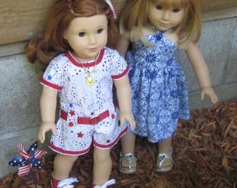 18" Doll clothes fits dolls such as American Girl and other similar 4th of July jumpsuit dress hair bow shoes sold separately Made in USA