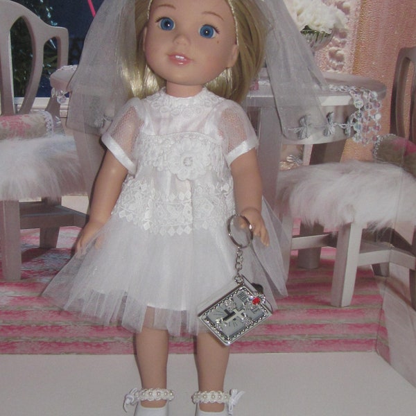 Communion Confirmation 14.5" dolls such as Wellie Wishers Betsy McCall Glitter Girls H4H white dress veil prayer book shoes Made USA