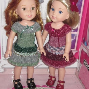 Fits 14.5&quot; dolls such as Wellie Wisher Glitter Girls Ruby Red Fashion dolls hand knitted green and burgundy dress hairbow shoes separate USA