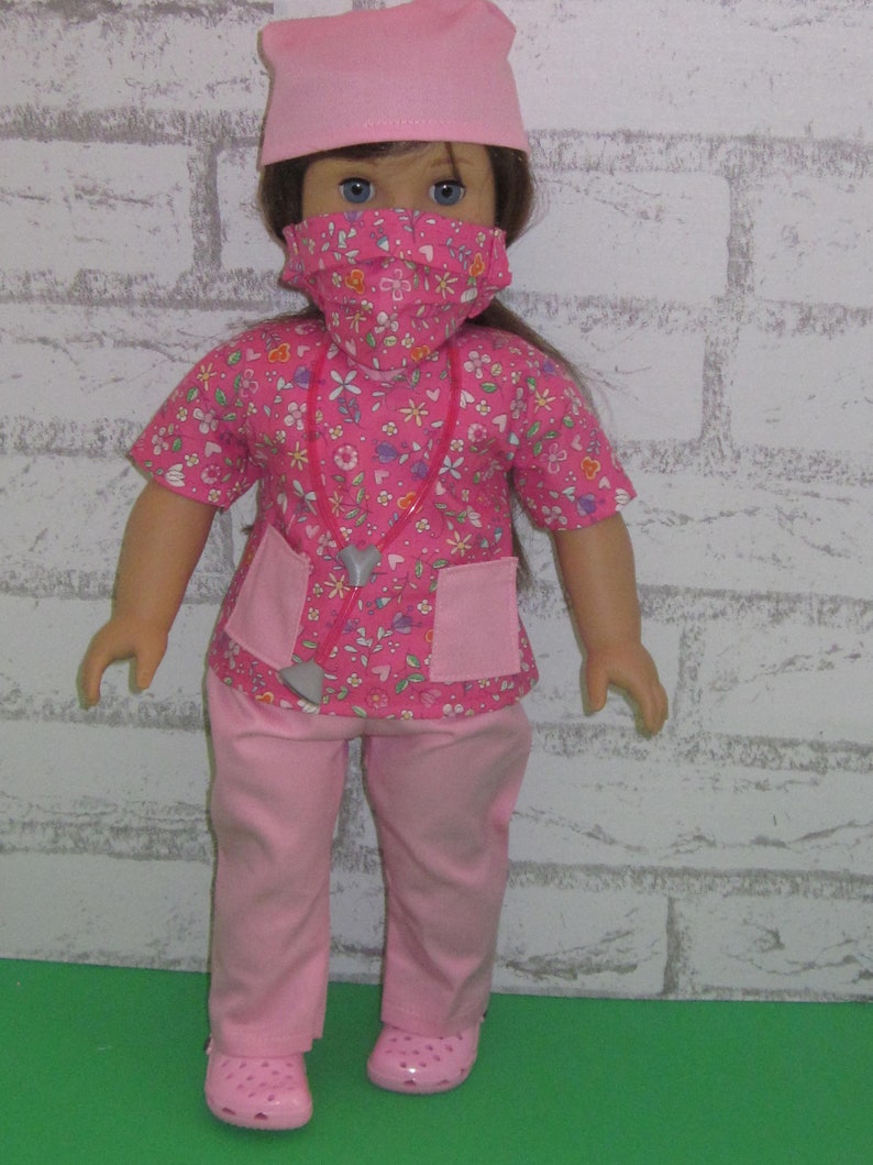 18 doll clothes fits dolls such as American girl nurse scrub set 6-piece scrub top pants face mask shoes stethoscope Made in USA image 6