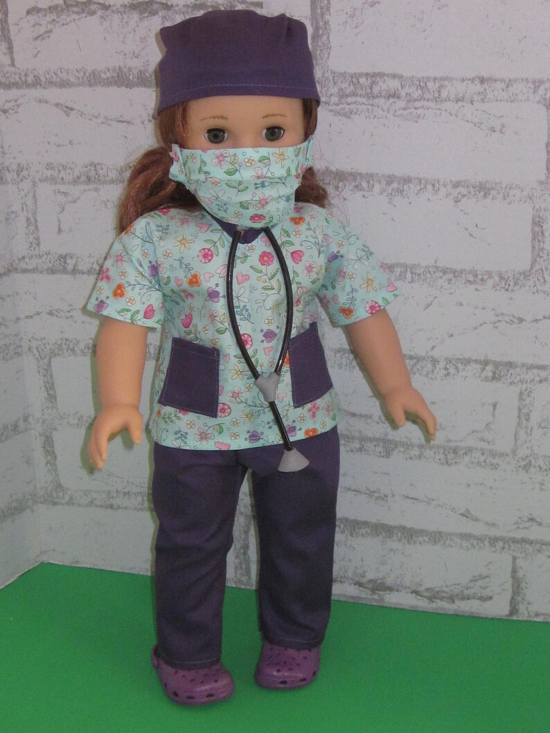 18 doll clothes fits dolls such as American girl nurse scrub set 6-piece scrub top pants face mask shoes stethoscope Made in USA image 4