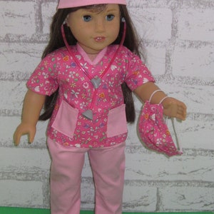 18 doll clothes fits dolls such as American girl nurse scrub set 6-piece scrub top pants face mask shoes stethoscope Made in USA image 7