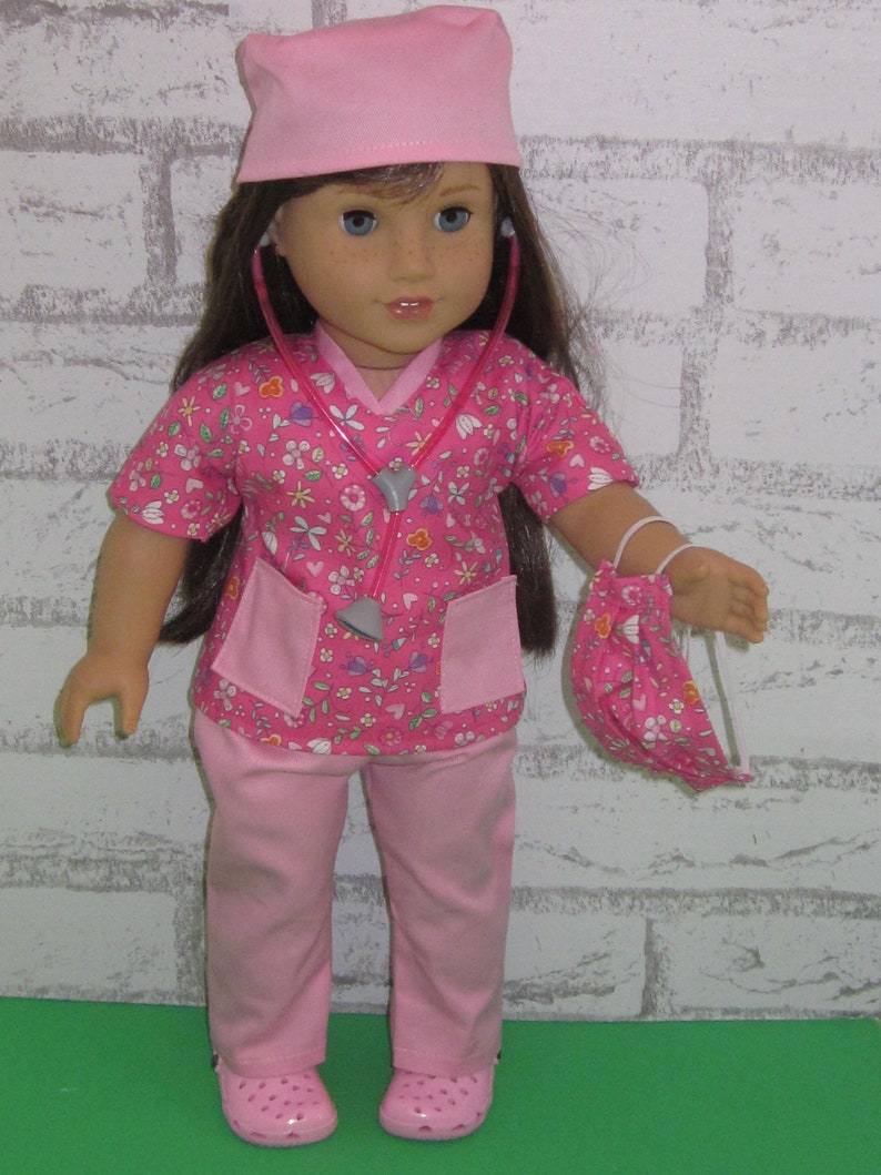 18 doll clothes fits dolls such as American girl nurse scrub set 6-piece scrub top pants face mask shoes stethoscope Made in USA image 7