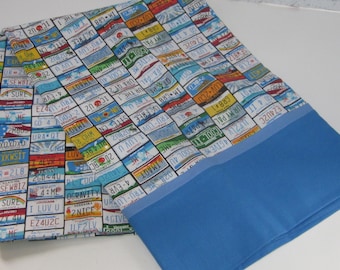 Standard pillowcase pot holder license plate look fabric travel theme USA camping bright colors Made in USA