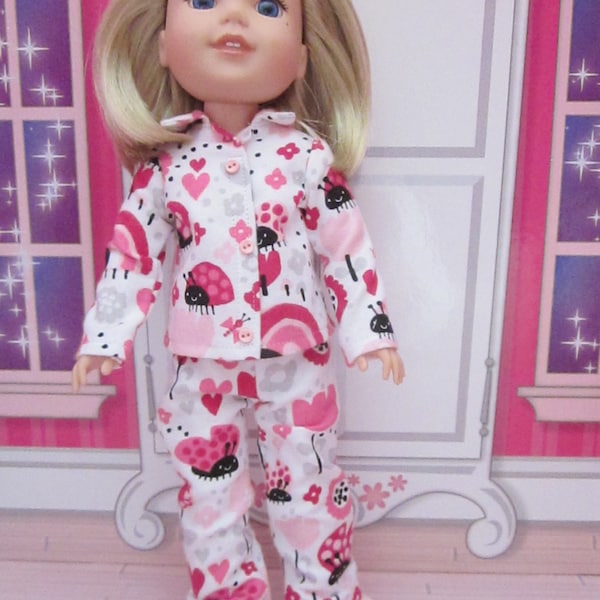 14.5 inch doll clothes pink ladybugs hearts flowers flannel pajamas fits dolls as Wellie Wishers H4H Glitter Girls similar build made in USA