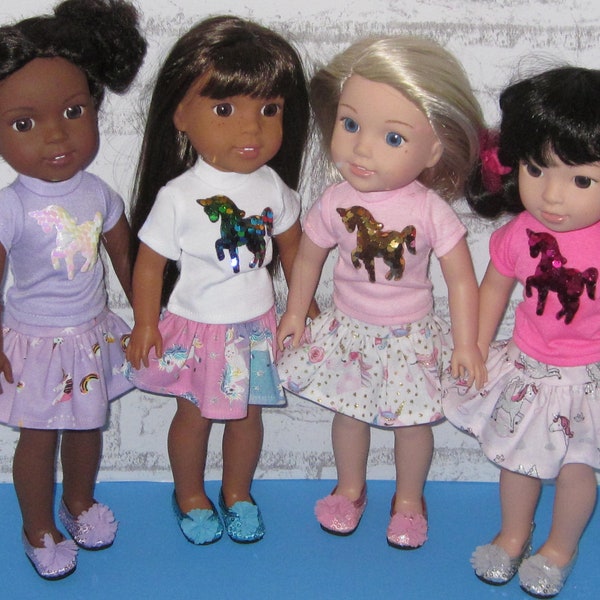 14.5 inch doll clothes fits dolls such as Wellie Wisher H4H Glitter Girl RRF dolls unicorn skirts t-shirt shoes your choice Made in USA