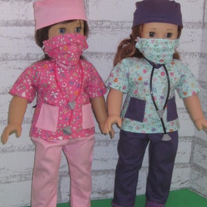 18 doll clothes fits dolls such as American girl nurse scrub set 6-piece scrub top pants face mask shoes stethoscope Made in USA image 3