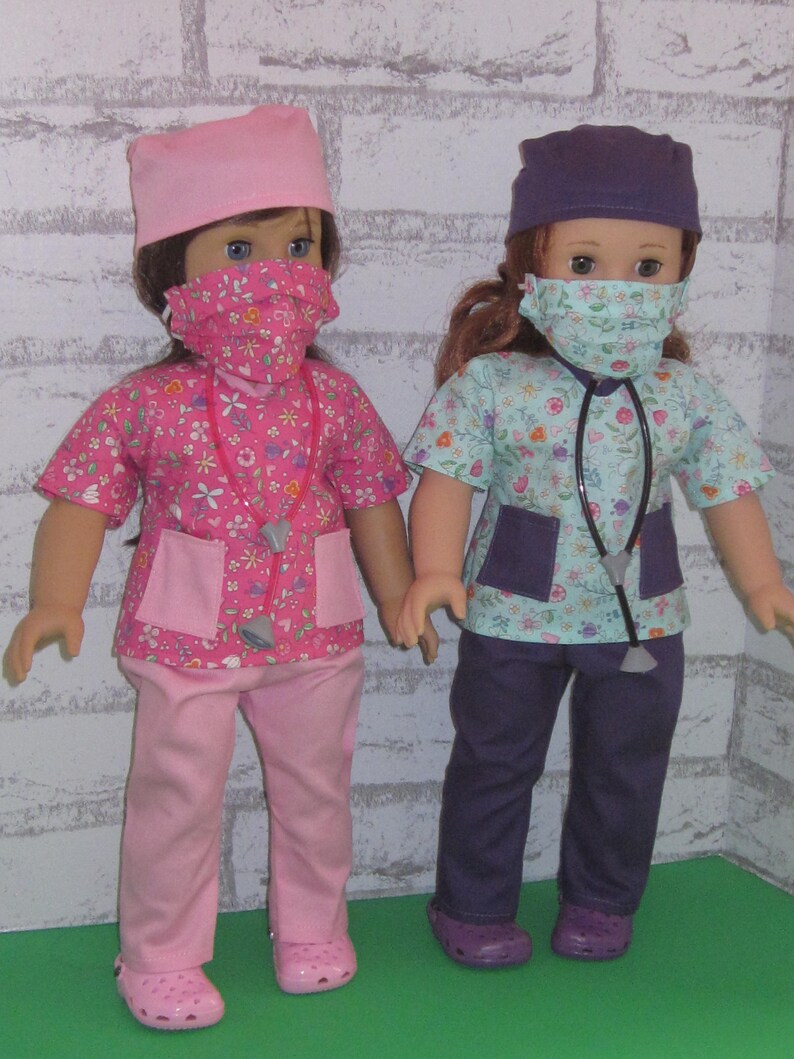 18 doll clothes fits dolls such as American girl nurse scrub set 6-piece scrub top pants face mask shoes stethoscope Made in USA image 3
