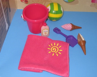 Summer beach accessories for 18" & 14.5" dolls 7 pieces towel bucket shovel sunscreen ice cream cones ball