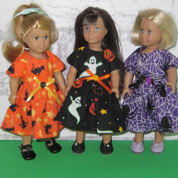 Halloween short dress for 6.5 mini American Girl Dolls black orange purple cats spiders ghosts pumpkins your choice Made in USA