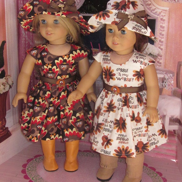 Fits Like American Girl Doll Clothes 18" Dolls, Fall, Thanksgiving, choice Turkey dress, hat, Made in USA