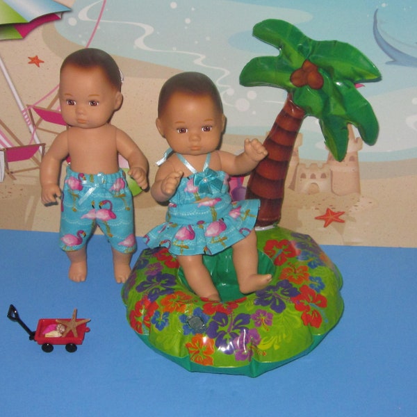 8 inch doll outfit  bathing suit girl or boy aqua flamingo palm tree fits dolls such American Girls caring for your baby doll handmade USA