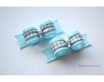 3/8" Blue, Gray plaid pigtails (Tiny Dog Bows)