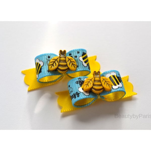 3/8" Buzzing Bees Pigtails (Tiny Dog Bows)