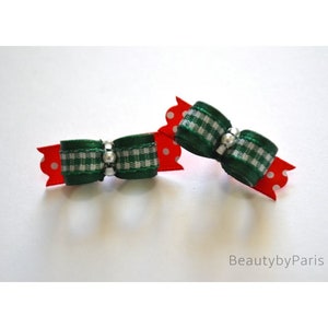3/8&quot; Christmas Plaid and Polka Dots Pigtails (Tiny Dog Bows)