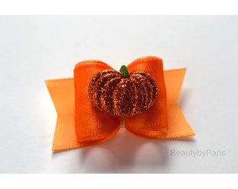 7/8" Glittered Pumpkin Dog Bow