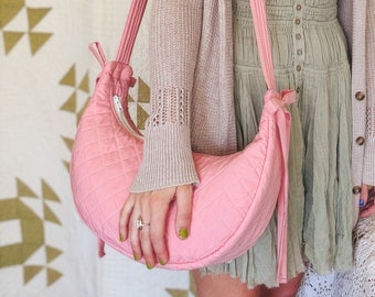 Quilted Crescent Crossbody Bow Bag: Blush Pink (XL strap)