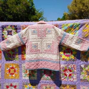 Handmade, Upcycled Quilt Jacket: pink and blue log cabin
