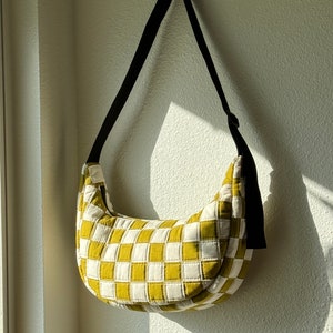 Quilted Crescent Crossbody Bow Bag: Patchwork Green + White