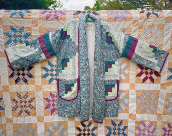 Handmade, Upcycled Quilt Jacket: green, blue, maroon, log cabin