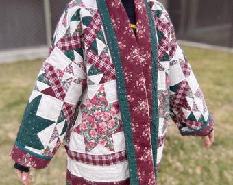 Vintage Upcycled Quilt Jacket: burgundy + green