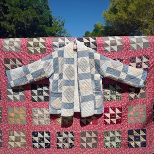 Handmade, Upcycled, Vintage Quilt Jacket: blue, white, gray