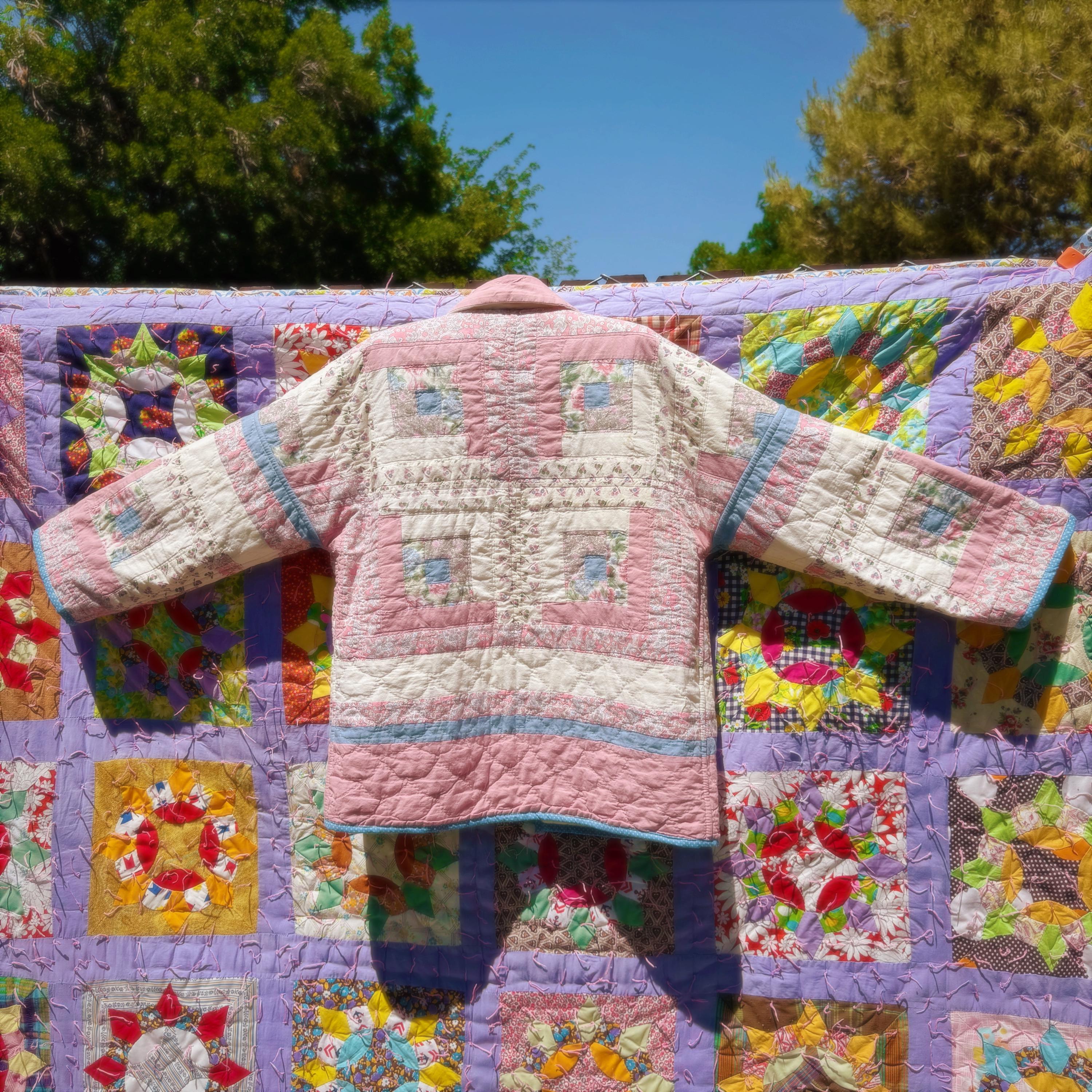 Handmade, Upcycled Quilt Jacket: pink and blue log cabin