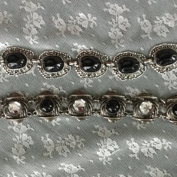 2 Silver and Black and Clear Bracelets One Marked Judy Lee Boho Style Both Measure 7-3/8”  and Both 1” Wide Great Condition