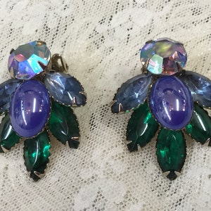 Vintage Blues Greens Aurora Borealis Cabochon Rhinestones Clip Earrings Patent Pending Marking