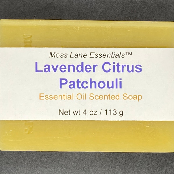 Lavender Citrus Patchouli Essential Oil Scented Cold Process Soap with Shea Butter, 4 oz / 113 g bar