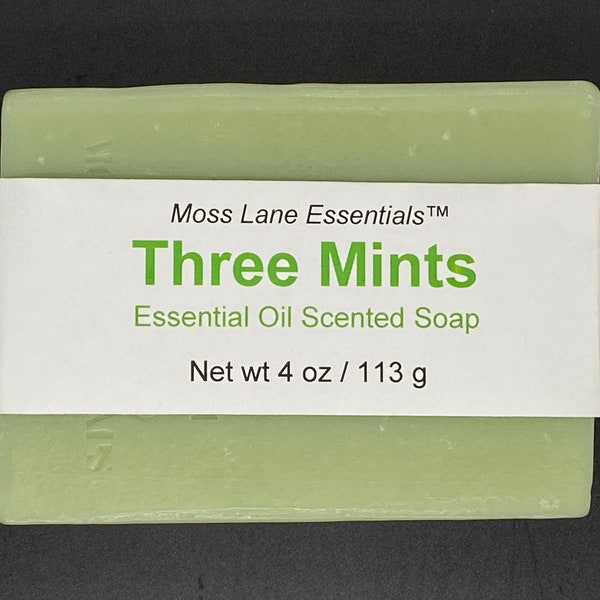 Three Mints Essential Oil Scented Cold Process Soap with Shea Butter, 4 oz / 113 g bar