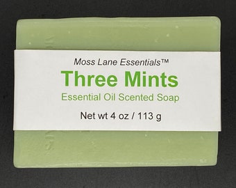 Three Mints Essential Oil Scented Cold Process Soap with Shea Butter, 4 oz / 113 g bar