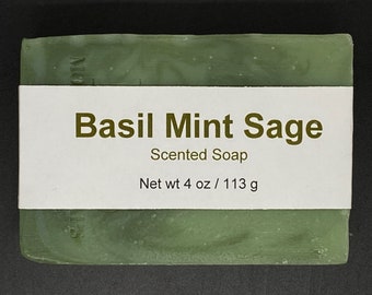 Basil, Mint and Clary Sage Scented Cold Process Soap with Shea Butter, 4 oz / 113 g bar