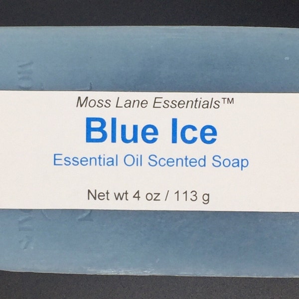 Blue Ice--Peppermint & Eucalyptus Essential Oil Scented Cold Process Soap with Shea Butter and Menthol, 4 oz / 113 g bar