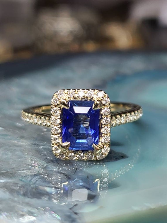 Buy Blue Sapphire Emerald Cut and Diamond Yellow Gold Ring. Online