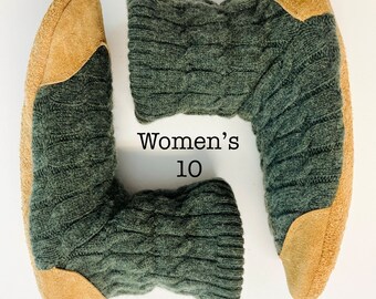 Women’s wool slippers size 10, made with recycled green cable knit lambswool and cashmere