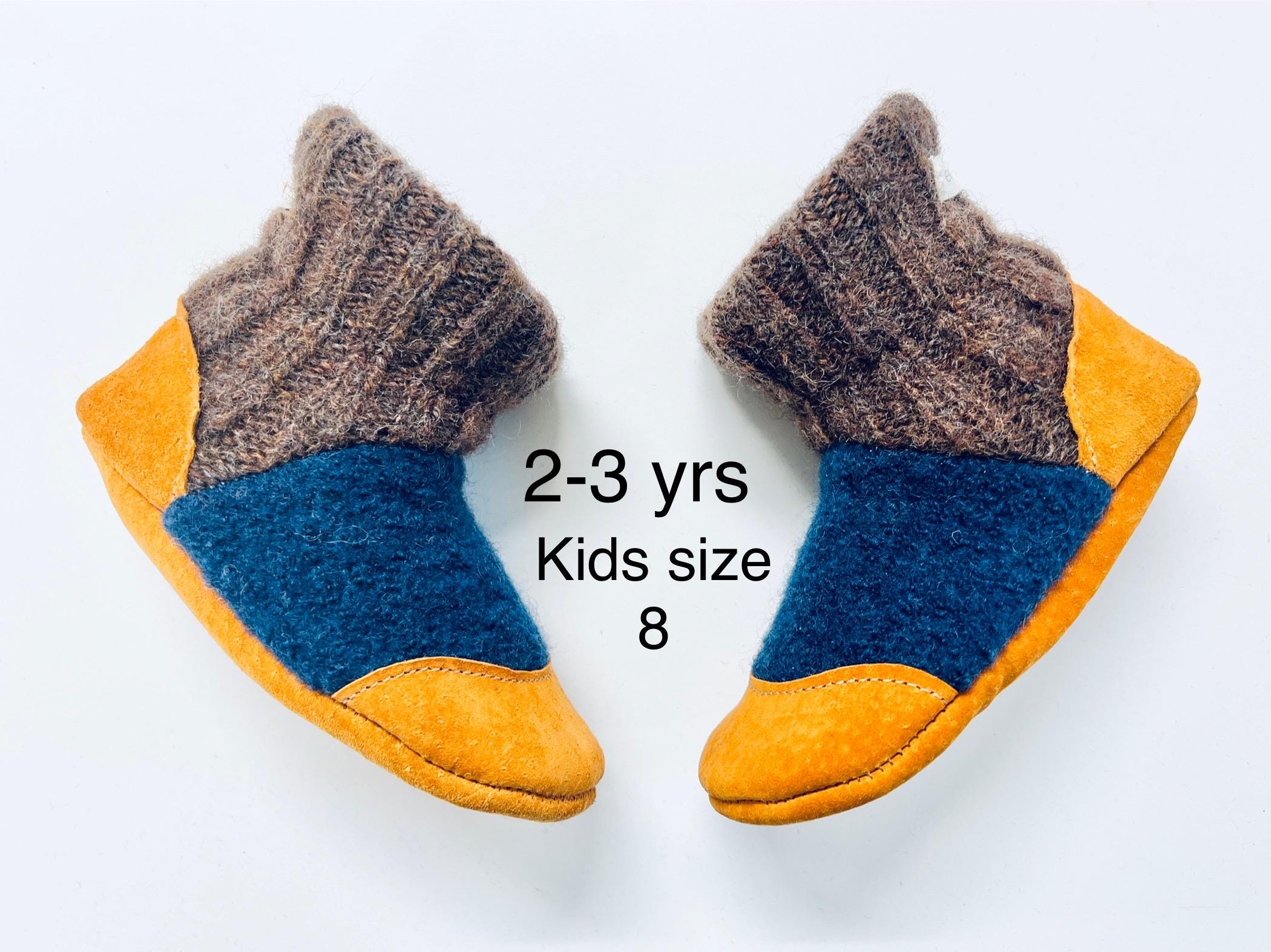 Wool Kids Slippers: Eco-Friendly Reclaimed Felted Wool, bamboo and Leather, Size 8 (2-3 Years)