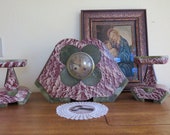 Antique French Mantle Clock 3 Piece Set, Green Onyx and Jasper, With Matching Garniture Pedestals. quot Devrine quot Nangis, France. With Windup Key