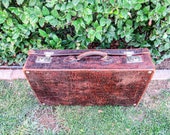 Antique French Suitcase Crocodile Embossed Leather. Brown with Muslin Lining. Primitive Repair. Antique Vintage Luggage, Valise, Travel Case