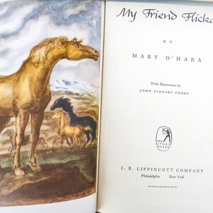 My Friend Flicka and Thunderhead van Mary O'Hara, jaren 40, set in kartonnen hoes. Zwart-witillustraties. Beroemde paardenverhalen