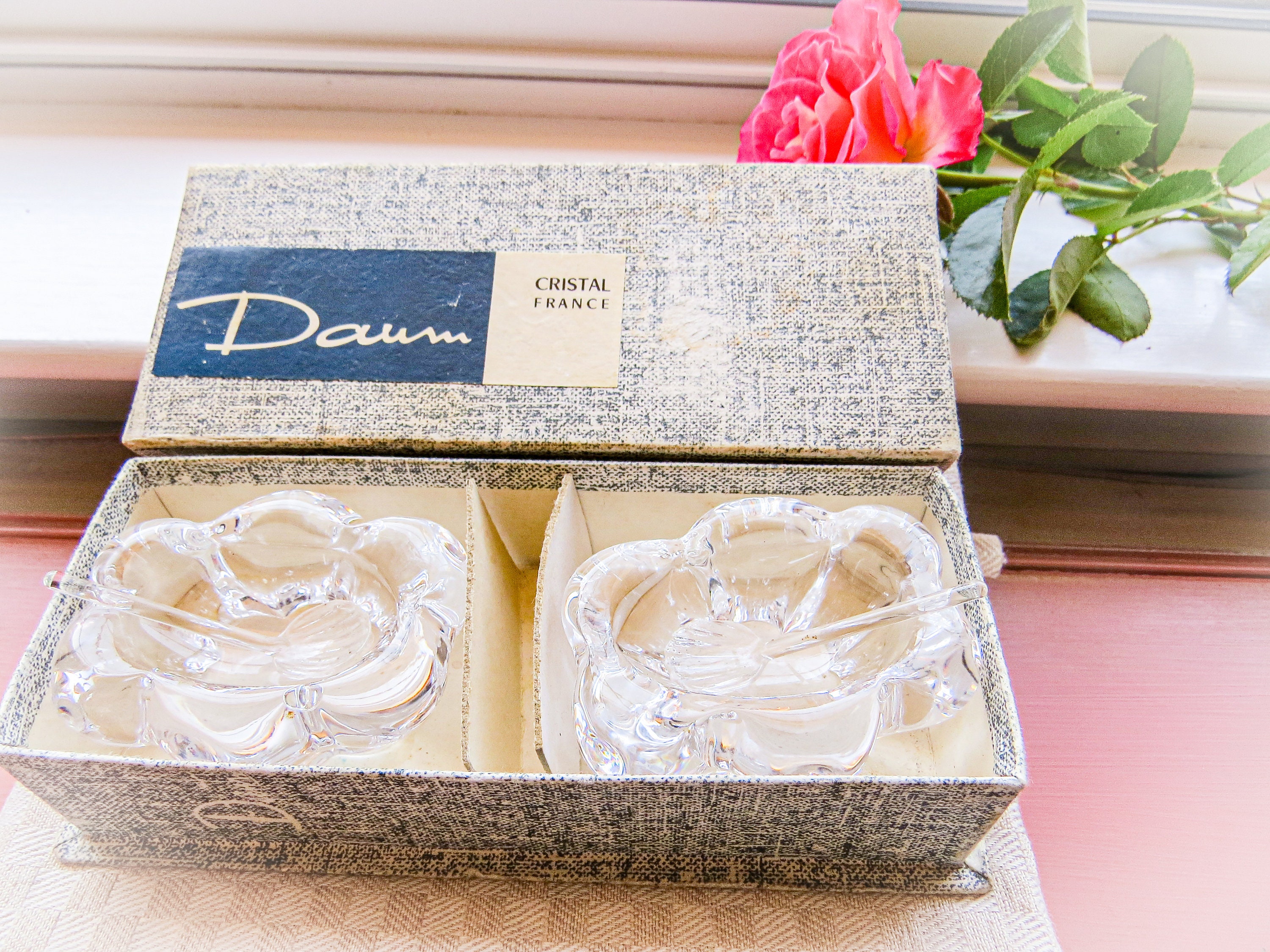 工芸品 Crystal Daum France Daum Crystal Salt Cellars: Fluted Open Salts With Spoons, France